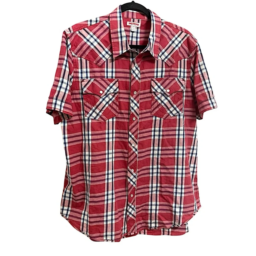 TRUE RELIGION MEN RED PLAID PEARL SNAP BUTTON DOWN SHORT SLEEVE WESTERN SHIRT XL